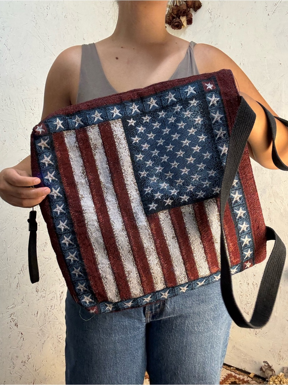 Vintage Style American Flag Tapestry Style Square Tote Bag - Picture 3 of 4